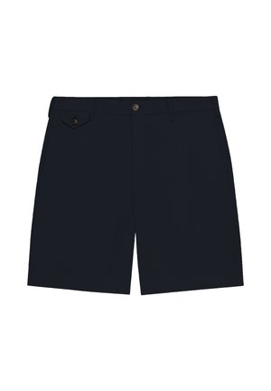 Navyblauwe knielange short met knoopsluiting, riemlussen en een klein klepzakje met knoop aan de rechterkant.