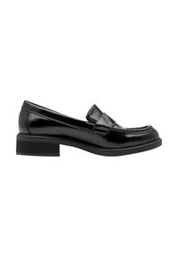 Mocassin femme en cuir noir avec petit talon bloc, bout rond et détail de bride penny cousue sur le dessus.
