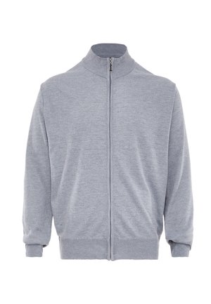 Hellgrauer Strickpullover mit Reißverschluss, langen Ärmeln, gerippten Bündchen und Saum sowie hohem, geripptem Kragen, präsentiert auf weißem Hintergrund.