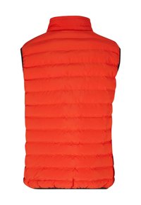 Rote gepolsterte Weste mit hohem Kragen, ausgestattet mit einem gesteppten Design und schwarzen Rändern. Leichtes Material zur Isolierung, ohne Ärmel.