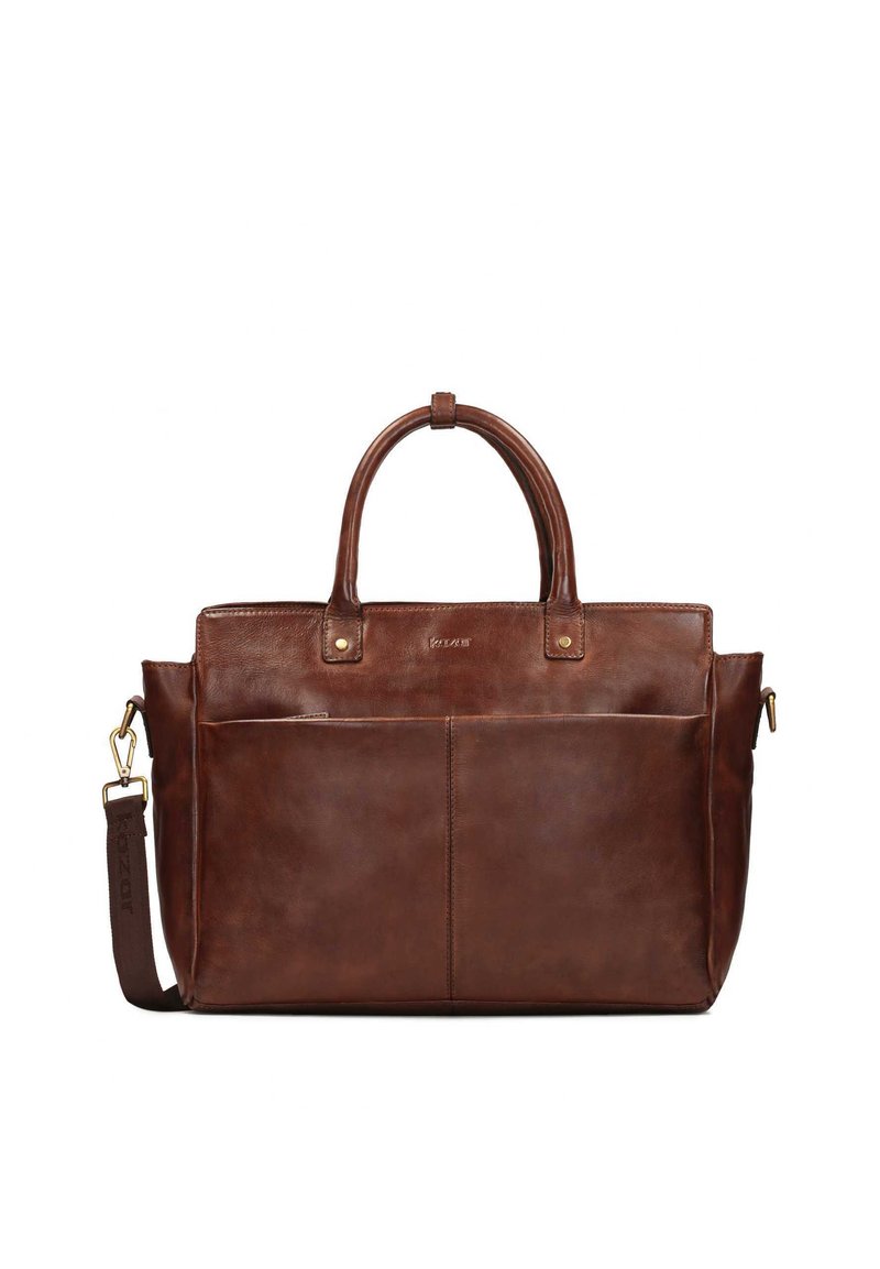 Brun læder tote taske med et struktureret design, dobbelte top håndtag, justerbar skulderrem og frontlomme. Gyldne detaljer.