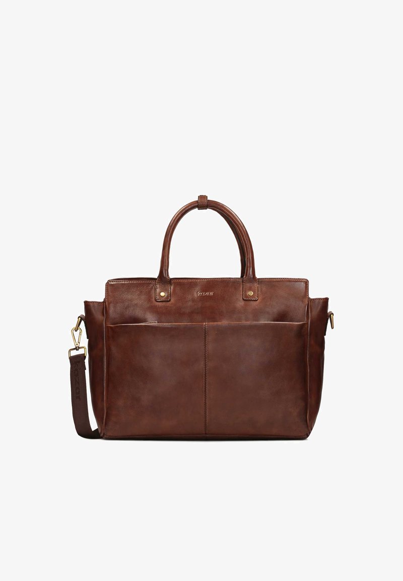 Brun læder tote taske med et struktureret design, dobbelte top håndtag, justerbar skulderrem og frontlomme. Gyldne detaljer.