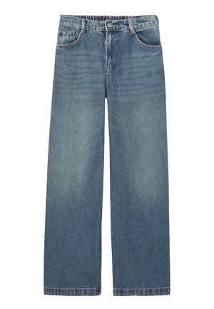 Jean en denim bleu à jambes larges avec taille élastique, fermeture avant par bouton et zip, et poches à l'avant et à l'arrière.