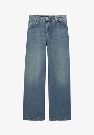 Jean en denim bleu à jambes larges avec taille élastique, fermeture avant par bouton et zip, et poches à l'avant et à l'arrière.
