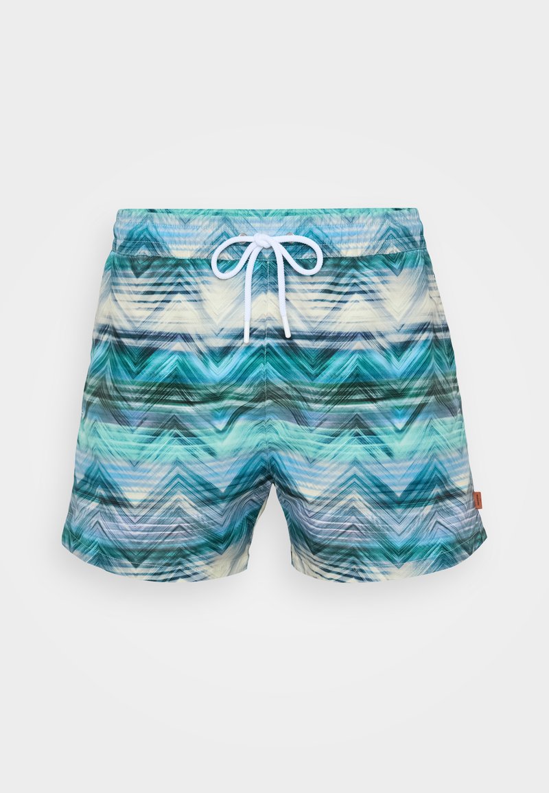 Swim shorts with a multicolored zigzag pattern in blues and greens. Made of lightweight fabric, featuring an elastic waistband and white drawstring.