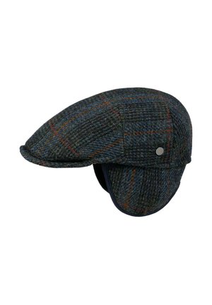 Dark green tweed flat cap with ear flaps, featuring a subtle check pattern in orange and blue and a small metal button on the side.