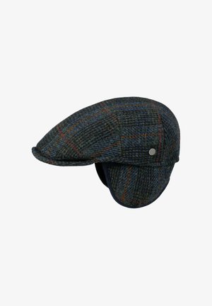 Dark green tweed flat cap with ear flaps, featuring a subtle check pattern in orange and blue and a small metal button on the side.