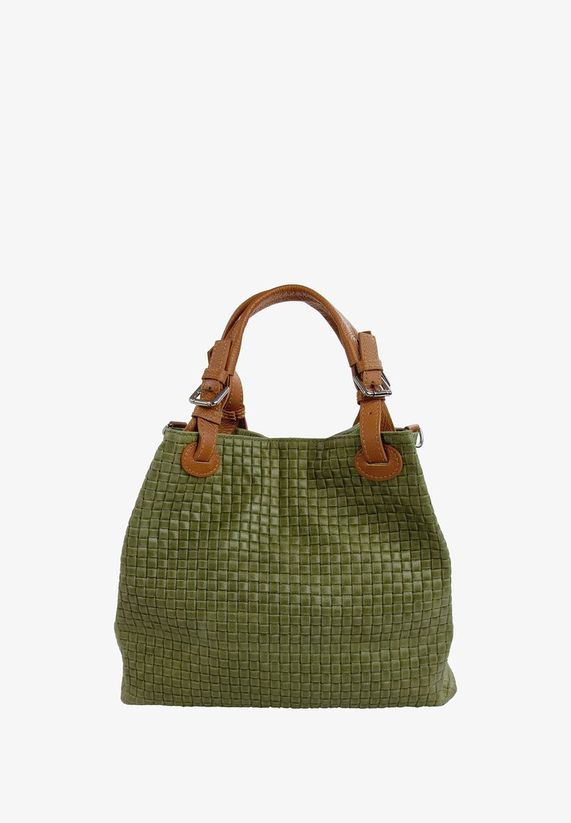 Groene geweven handtas met bruine leren hengsels, met een textuur van een geruit patroon en een slungelige vorm. Inclusief verstelbare banden.