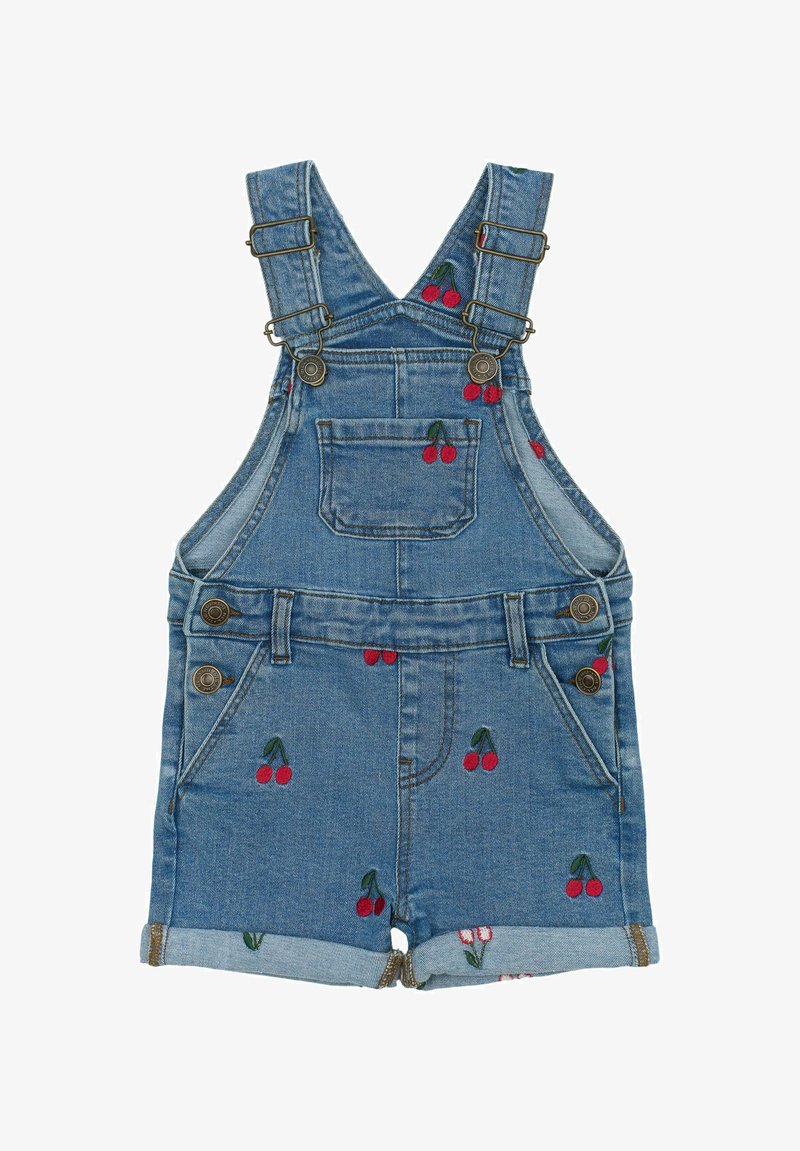 Denim overall kratke hlače v svetlo modri barvi z vezenimi češnjami. Imajo nastavljive naramnice, sprednji žep in zavihane robove.