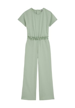Svetlo zelena kratka kombinezon z širokimi hlačnicami, nabrano elastično pasom, teksturirano tkanino in zapiranjem z gumbom na hrbtni strani.