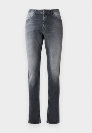 Dunkelgraue Denim-Jeans mit geradem Bein, Vorderknopfverschluss, Gürtelschlaufen und dezentem Verblassen des Stoffes.