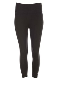 Svarta leggings tillverkade av stretchtyg, som har hög midja, kroppsnära passform och slät yta. Inga synliga mönster eller detaljer.