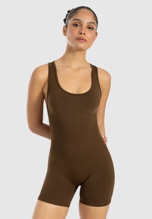 Bruine bodysuit met een ronde halslijn, mouwloos ontwerp en strakke shorts. Geribbelde textuur met gladde stof, biedt een aansluitende pasvorm.