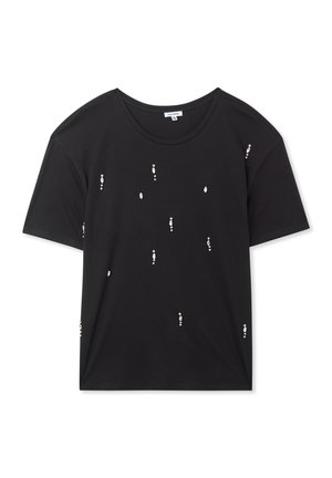 T-shirt nera in cotone con maniche corte, caratterizzata da decorazioni argentate sparse in varie forme sulla parte anteriore. Collo rotondo.