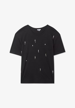 T-shirt nera in cotone con maniche corte, caratterizzata da decorazioni argentate sparse in varie forme sulla parte anteriore. Collo rotondo.