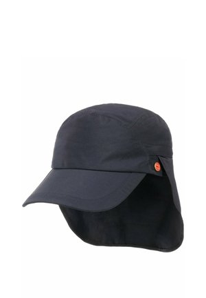 Dark blue cap with wide front brim and long neck flap, featuring a small round orange logo on the side.