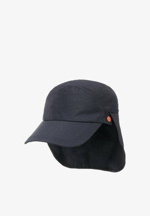 Dark blue cap with wide front brim and long neck flap, featuring a small round orange logo on the side.