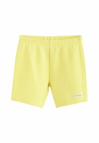 Geel, gestructureerde katoenen shorts met een elastische tailleband. Opvallende details zijn een klein label aan de onderzijde aan de rechterkant.