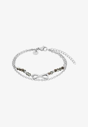 Bracelet double chaîne en argent avec un symbole d'infini au centre et des perles rondes alternant entre foncé et clair, fermé par un fermoir mousqueton.