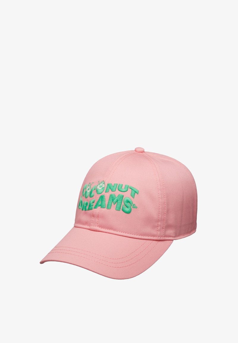 Casquette de baseball rose avec texte brodé "COCONUT DREAMS" en vert, dotée d'une couronne structurée et d'une visière incurvée.