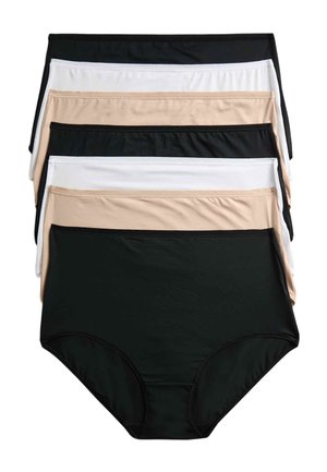 Stak af syv høj taljede dameunderbukser i sort, hvid og beige, arrangeret overlappende på en hvid baggrund.