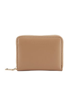 Tan leather wallet with a zip closure, rounded edges, embossed logo, and gold-tone hardware. Smooth texture, compact rectangular shape.