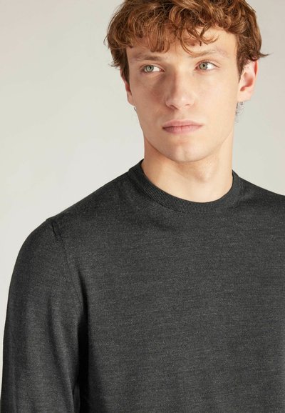 Dunkelgrauer Pullover mit langen Ärmeln und rundem Ausschnitt, aus weichem Material, mit glatter Textur und tailliertem Design. Minimalistischer Stil.
