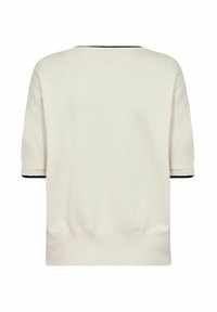 White knitted sweater with short sleeves, featuring a black trim along the neckline and sleeve edges. Soft texture, relaxed fit.