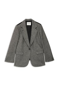 Sivý blazer v rybacej kosti so štruktúrovaným dizajnom, klopovými goliermi, dvoma prednými vreckami a čiernymi akcentmi na pleciach. Zapínanie na jeden gombík.