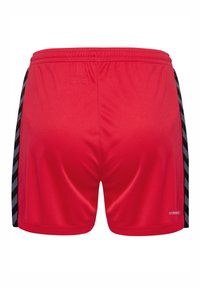 Rode sportieve shorts met een elastische tailleband en zwarte zijkanten met een chevronpatroon. Gemaakt van glad, lichtgewicht materiaal.