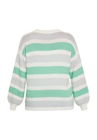 Suéter de punto con mangas largas, con rayas horizontales en verde menta, gris y blanco. Textura suave con un corte relajado.
