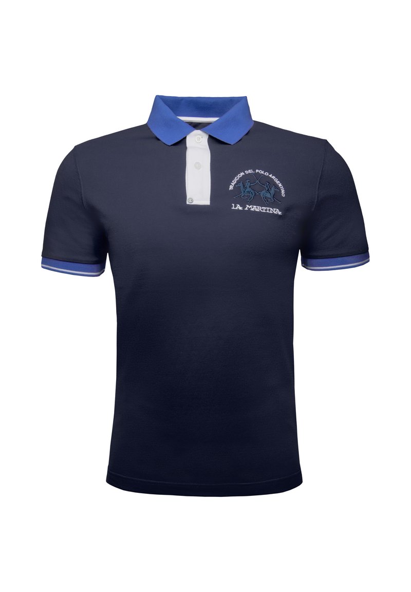 Námořnická polo tričko s bílým límečkem, modrými akcenty na rukávech a vyšívaným vzorem koně. Vyrobeno z texturované bavlněné tkaniny.