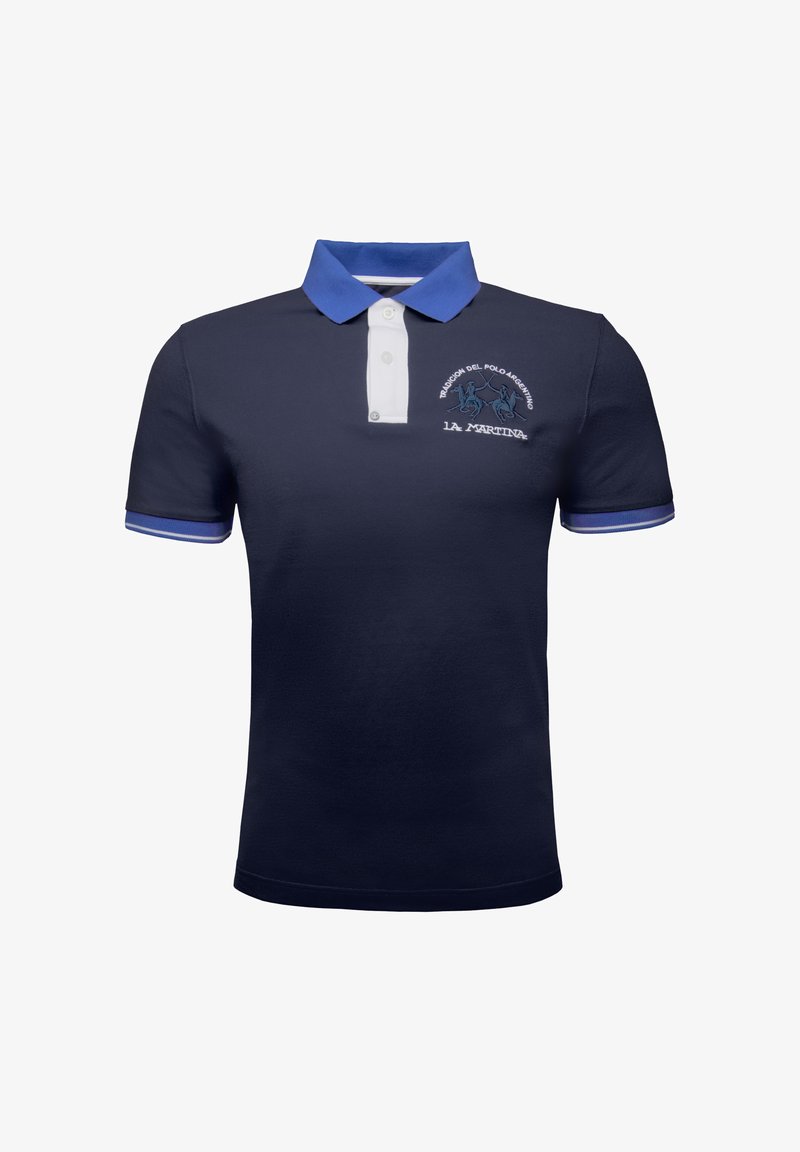 Námořnická polo tričko s bílým límečkem, modrými akcenty na rukávech a vyšívaným vzorem koně. Vyrobeno z texturované bavlněné tkaniny.