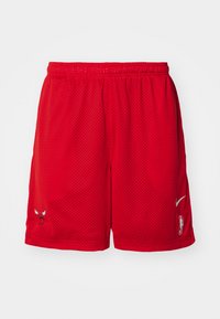 Røde mesh basketballshorts med elastisk talje, med Bulls-logoet og NBA-emblemet på motsatte sider. Lett, pustende materiale.