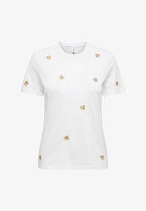 White cotton T-shirt with short sleeves featuring scattered tan bear embroidery on the front. Round neck with a casual fit.