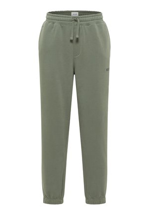 Light green sweatpants with an elastic waistband, drawstring, side pockets, and tapered cuffs. Made from soft fabric, featuring a logo detail.