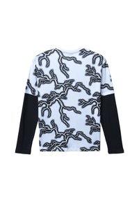 Koszula z długim rękawem z białymi i czarnymi wzorami piorunów na korpusie oraz solidnymi czarnymi rękawami, pokazana z tyłu.