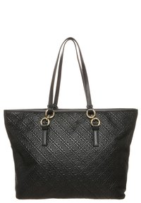 Sac cabas noir avec un motif en losange, fabriqué en similicuir texturé. Il possède deux longues anses et des accents métalliques dorés.