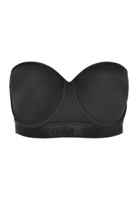 Svart bandeau-bh med slät tyg, formade kupor och elastiskt band med logotyp. Betonar formen som är designad för komfort och stöd.