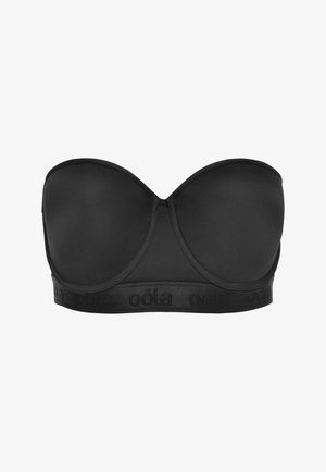 Soutien-gorge noir sans bretelles avec tissu lisse, bonnets moulés et bande élastique avec logo. Forme accentuée conçue pour le confort et le soutien.