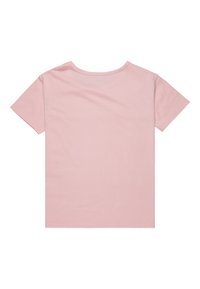 Light pink short-sleeve t-shirt with a round neckline. Made of soft fabric, featuring a smooth texture and a simple, unadorned design.
