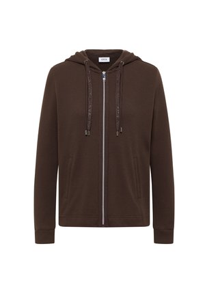 Felpa con cappuccio marrone con cerniera, tessuto testurizzato, tasche frontali, cappuccio con coulisse e una piccola etichetta bianca all'interno del colletto con la scritta "CECIL".