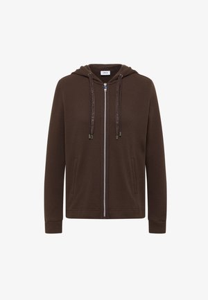 Felpa con cappuccio marrone con cerniera, tessuto testurizzato, tasche frontali, cappuccio con coulisse e una piccola etichetta bianca all'interno del colletto con la scritta "CECIL".