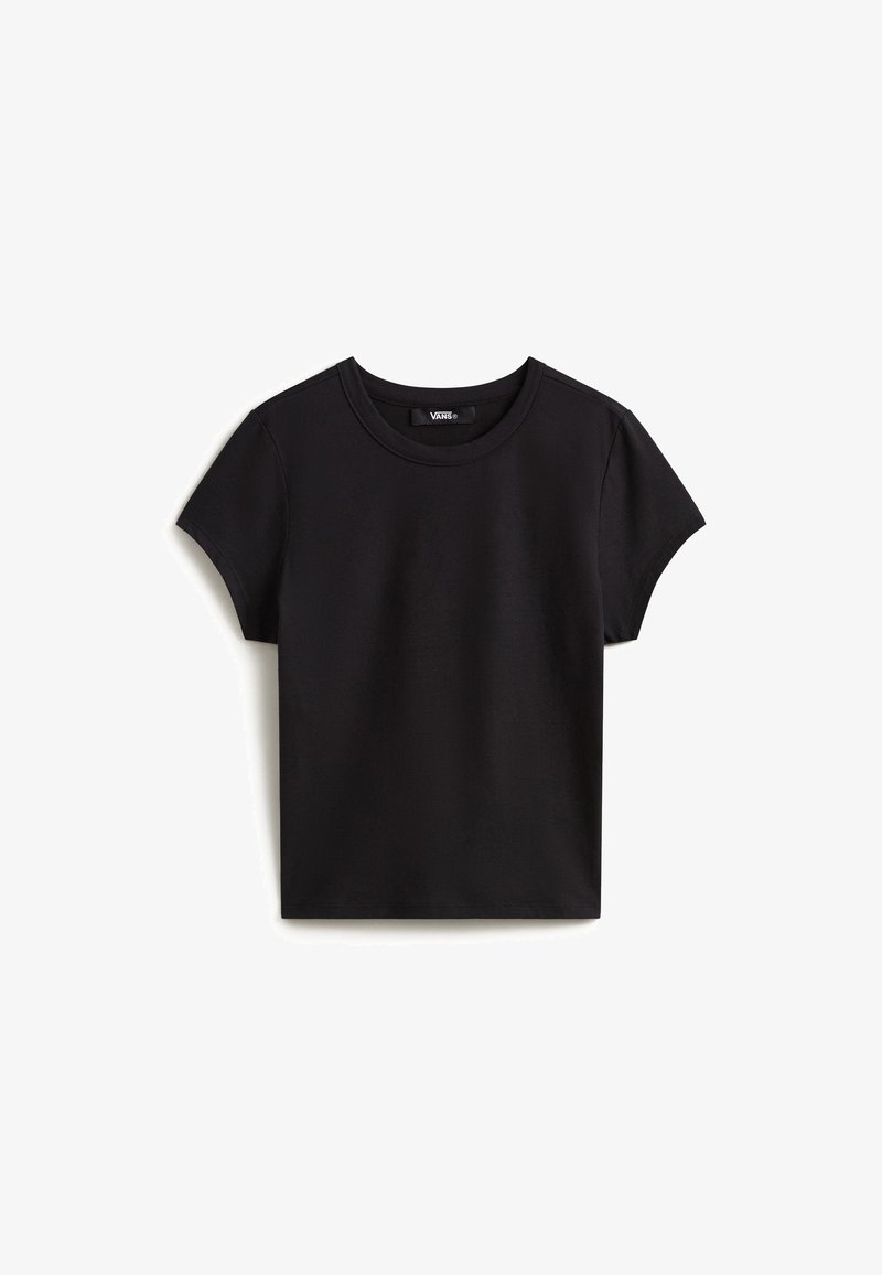 Svart kortärmad bomulls-T-shirt med rund halsringning och Vans-logotyp etikett på insidan av kragen, upplagd plant på vit bakgrund.