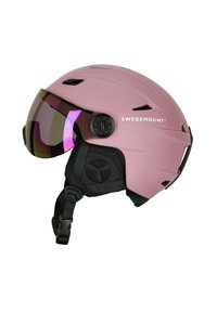 Pinker Skihelm mit glänzendem Finish, integriertem Visier mit Farbverlaufstönung, verstellbarem Riemen und seitlichen Belüftungsöffnungen. Mit Markenlogo.