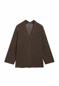 Brown knitted cardigan with long sleeves and four dark buttons down the front, laid flat on a white background.