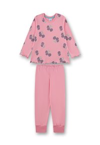 Roze pyjama set met een lang mouwtop met gegolfde randen en een fruitprint, gecombineerd met bijpassende roze broek met elastische tailleband.