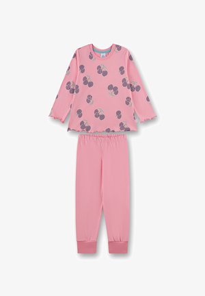 Rosa Schlafanzugset mit einem Langarmoberteil mit gewellten Kanten und einem Früchte-Druck, kombiniert mit passenden rosa Hosen mit elastischem Bund.