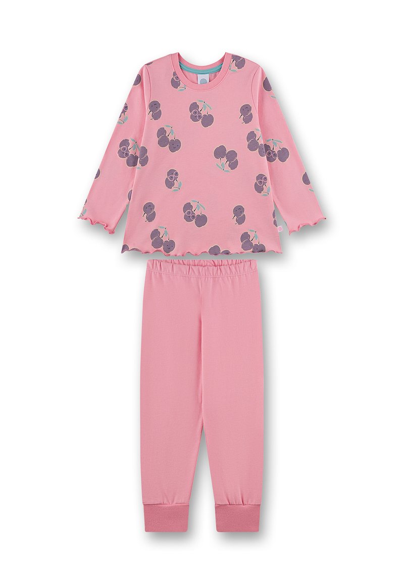 Pink pajama set featuring a long-sleeve top with scalloped edges and a fruit print, paired with matching pink pants with elastic waistband.