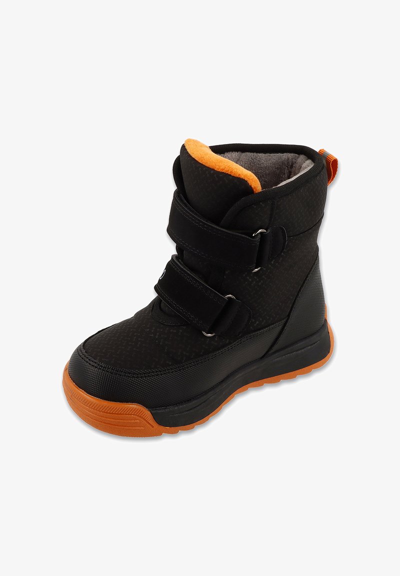 Czarne wodoodporne buty z teksturowaną cholewką, pomarańczowym wnętrzem, podwójnymi paskami na rzep oraz gumową podeszwą z wzorem.